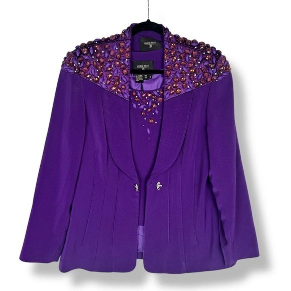 Louise Ricci Blazer & Tank Set Size 16 Purple Rhinestone‎ Satin Elegant Formal